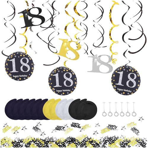 MAXQUU 1 juego de 12 serpentinas en espiral, 1 paquete de lentejuelas para fiesta de 18 cumpleaños, decoración de mesa, decoración de mesa, color negro y dorado