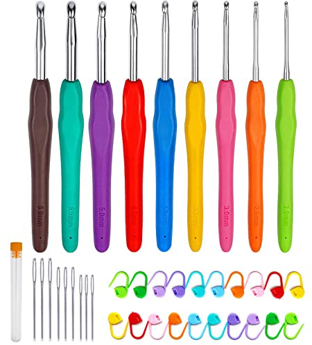 Diompirux Kit de Tricot 9 Pièces - Aiguilles à Crochet Multicolores 2,0-6,0 mm, 20 Marqueurs de Point, Ergonomique pour Débutants et Professionnels