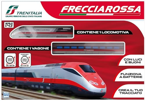 Pista Trenitalia Frecciarossa 500 Scala 1:43 con luci e Suoni - Treno Giocattolo 1 locomotiva 1 vagone e 2 tracciati binari- Funzionamento a Batteria + portachiave cubo