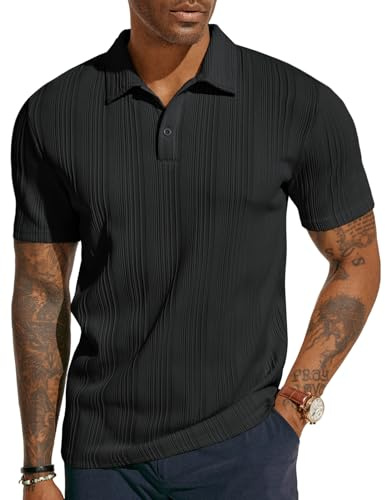 PJ PAUL JONES Mens Textured Knit Polo Shirts Regular Fit Stretchy Short Sleeve Golf Shirts Black