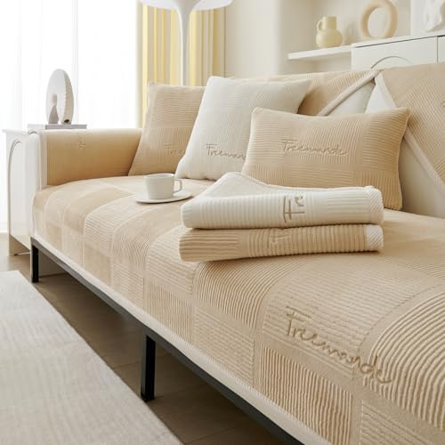 Topchances Sofa Slipcovers 2/3/4 Seater,Non Slip Sofa Cover for Dogs All-Seasons Sofa Wrap with Non-Slip Silicone Particles Apply to Living Room Dogs Cat Pet(Milky Velvet Light Brown,70x70cm 1PCS)