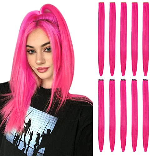 BEAUTY ON LINE 10 Pcs Clip in Hair Extensions, 22 Inch Colored Hair Extensions Party Highlights Long Straight Synthetic Hairpieces for Women/Kids/Girls(Pink Color)