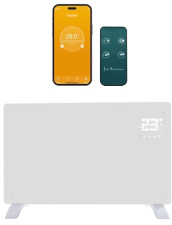 JSH WiFi Enabled Electric Glass Panel Heater 2000W | Smart App or Remote Control, Open Window Detection | Wall Mounted & Free Standing Low Energy Efficient Home Heating with 24H 7 Day Timer (White)