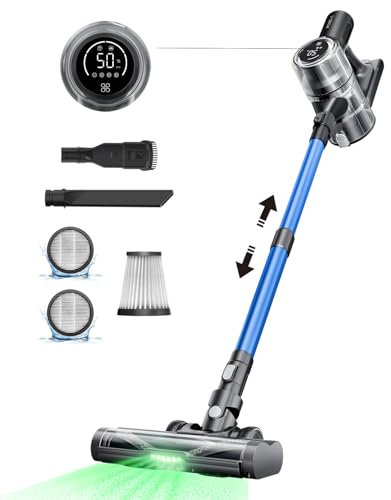 Proscenic Cordless Vacuum Cleaner, 45Kpa 50Mins Runtime Vacuum Cleaners for Home with Green Light, Anti-Tangle, LED Display, Lightweight Stick Vacuum for Pet Hair, Floor&Carpet, P13(Blue)