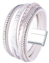 Viwind Lederarmband Damen Boho Multilayer Leder Wrap Armbänder 19 cm Korn Perlen Wickelarmband Geflochtenes Lederarmband Magnetverschluss (Weiß)