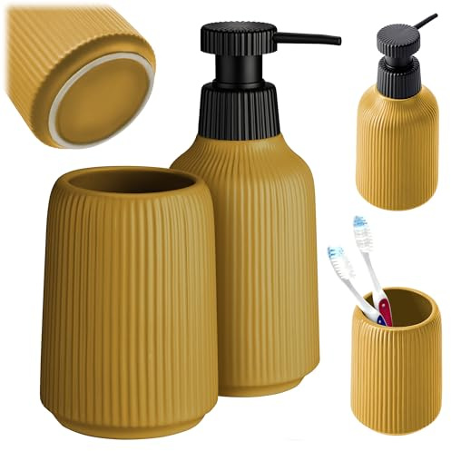 KADAX Juego de accesorios y baño, accesorios de baño modernos de cerámica (amarillo: soporte para cepillo de dientes, dispensador de jabón)