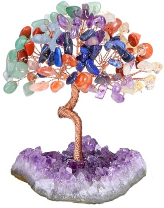 Jovivi Cadeau Fête des Mères 10-13cm DIY Arbre de Vie Pierre Naturelle sur Amas de Cristal de Roche Fengshui Tree Porte Bonheur Bibelot Décoration de Bureau Maison et Domicile (Chakra)