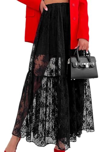 MISSMAO Jupes Longues en Dentelle pour Femmes Tulle Jupes Taille Haute Transparent à Plissée avec Doublure pour Festival de Musique Fête Mariage,Noir,S