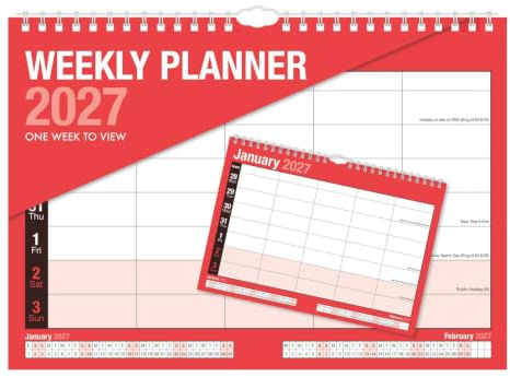 2027 Weekly Planner Wall Calendar Red - One Week to View 5 Column Layout - A4 Hanging Calendar 210x296mm - UK & Ireland Holidays Home Office School Family