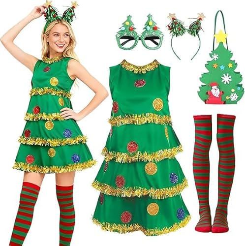 shengo Christmas Tree Costume Set for Women Festive Party Outfit Dess with Headband Glasses Bag Socks Xmas Party Dess Up