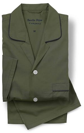 THE SAVILE ROW COMPANY LONDON Men's Luxury 100% Soft Cotton Poplin Pyjamas - Khaki With Piping - Medium