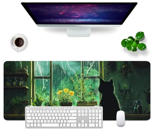 VYEUIAO Musmatta katter skrivbordsunderlägg grön 80 x 30 cm XL stor musmatta söt, dator PC tangentbord musmatta stor skrivbordsmatta