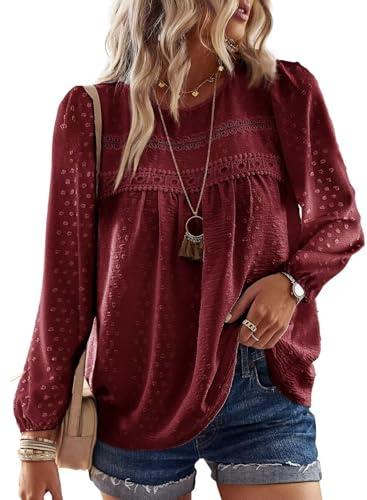 TUUHAW Abbigliamento Donna Autunno Pizzo Elegante Bluse con Pizzo Boho Camicia Maniche Lunghe Maglietta Casual Lunga Camicie con Scollo Rotondo Colore Puro Tops Tunica Vino Rosso M