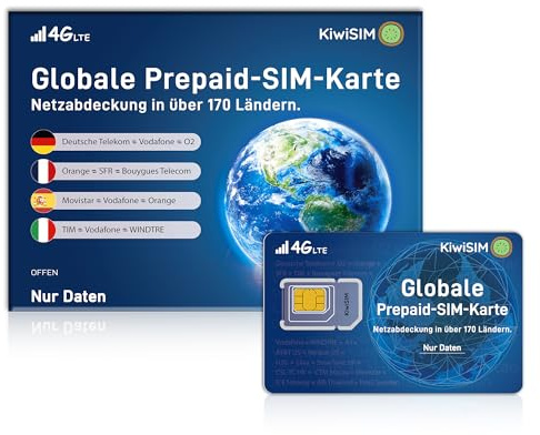 KiwiSim Förbetalt SIM-kort – 4G LTE global användning i 170 länder och regioner | Kompatibel med Telefónica, O❀❀, Vodafone | För smartphones, hotspots, kameror och GPS-enheter