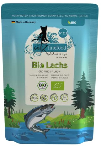 catz finefood Comida orgánica para Gatos de salmón, monoproteínas húmedas de Calidad biológica, Dieta Adecuada con 94% de Pescado, 6 x 85 g