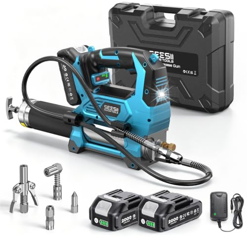Seesii 12.000 PSI Engrasadora Batería con 2 Baterías (y Compatible con la batería Makita de 18 V), 3 Velocidades, Motor Brushless, Manguera de 1m, Acoplador de 90° y Luz LED para Equipos Pesados