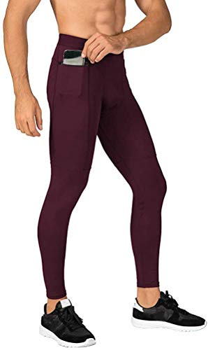 MakingDa Men's Jogger Sports Compression Pants, Workout Active Running Tights Leggings, Cool Dry Technical Training Baselayer Trousers Cycling Slim Fit with Zip Pocket（Red，L）