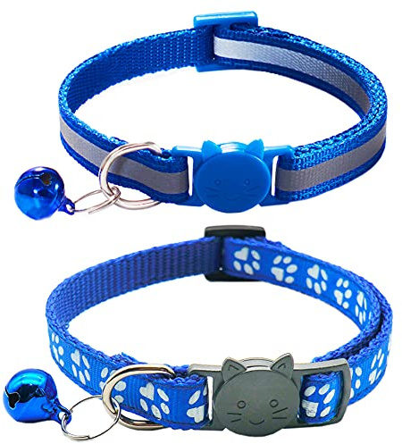 Qinao 2Pack Cat Collars Quick Release Reflective Kitten Collar with Bell & Safety Release (Navy Blue)
