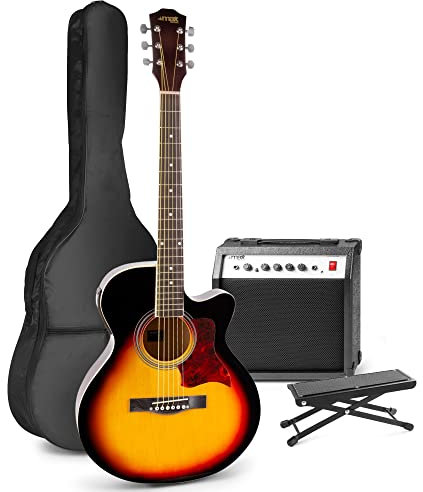 MAX ShowKit Elektro Akustik Gitarre Set mit Verstärker 40 Watt, Gitarrentasche, Fußhocker, Gitarrenstimmgerät, Instrumentenkabel, Plektrum und E Akustikgitarre mit Tonabnehmer - Sunburst