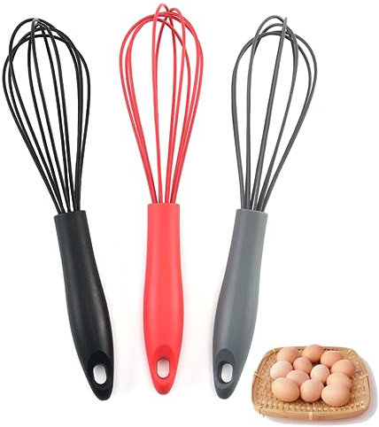 Schneebesen, Lebensmittelechtes Silikon, mit Stabilem und Bequemem Griff, Küchen Schneebesen für Mischen, Schlagen, Aufschäumen und Rühren (3PCS)