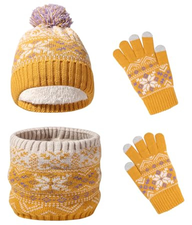 Waylipun Kinder Wintermütze Schal Handschuhe Set, 3 in 1 Warm Winte Strickmütze Kinder Mütze Set mit Plüsch Innenfutter für 2-7 Jahre Kinder Jungen Mädchen (Gelb)