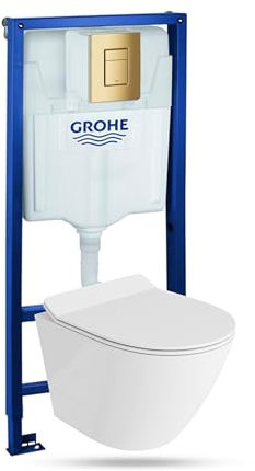 Élément mural Solido + WC suspendu Sogo Slim blanc sans bord + abattant WC SoftClose | Bouton doré | Kit complet | Réservoir de chasse encastré | Kit complet | WC complet |