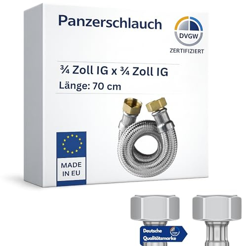 LAXARA | DVGW gep. Panzerschlauch 3/4 Zoll DN20 DN19 Edelstahl Flexschlauch Wasseranschluss Heizung Enthärtungsanlage mit Edelstahlumflechtung | 70 cm Überwurfmutter x Überwurfmutter