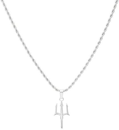 ROSSL Poseidon Trident Pendant Necklace, Ancient Greek Mythology Amulet Pendant, Sea King Poseidon Necklace Silver & Gold with 53cm Rope Chain