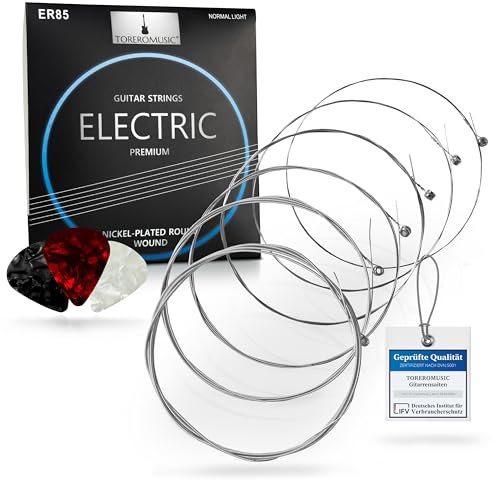 TOREROMUSIC® - Gitarrensaiten E Gitarre (010-046). Premium E-Gitarren Saiten im 6-Saiten-Set für elektrische Gitarre. Inklusive 3 Plektren gratis.