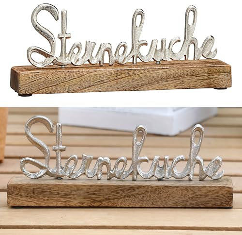 Cepewa Schriftzug 'Sterneküche' Silber | 22x9x4cm Mangoholz Aluminium | Dekoaufsteller Tischdeko Aufsteller (1 x Schriftzug Sterneküche Silber)