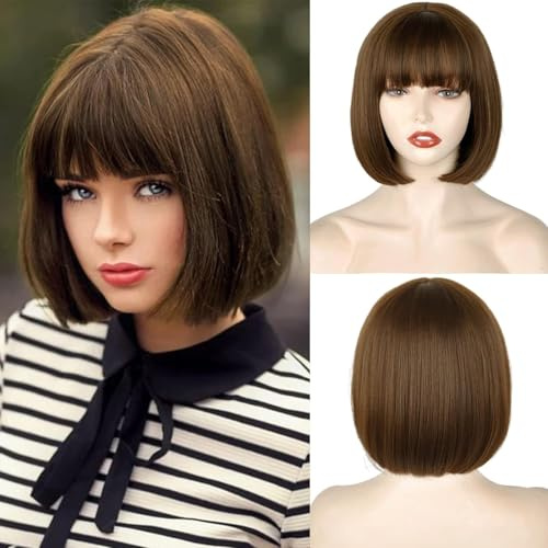 Creamily Short Bob Brown Wig with Bangs, Colorful Wig for Halloween Daily Cosplay & Party Use, Natural Hair Straight Synthetic Cosplay Party Wigs for Women 10 Inches