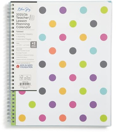 Blue Sky 2025-2026 Weekly and Monthly Academic Year Teacher Lesson Planner Calendar, July 2025 - June 2026, 8.5 x 11, Flexible Cover, Wirebound, Laminated Tabs, Storage Pocket, Dots