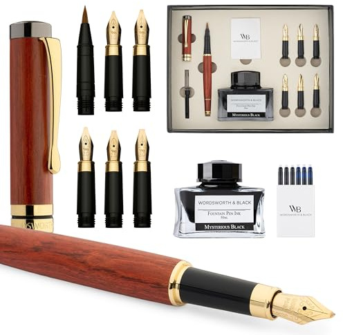 Wordsworth & Black Calligraphy Pen Gift Set, Includes Ink Bottle, 6 Ink Cartridges, Ink Refill Converter, 6 Replacement Nibs, Luxury Bamboo, Journaling, Smooth Writing Pens [Rosewood]