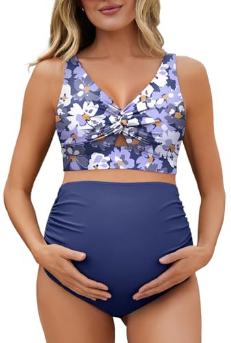 Summer Mae Twist Maternity Bikini Two Piece Pregnancy Swimsuits Cutout Bathing Suit High Waisted Ruched Swimwear Dewdrop Blooms 6-8