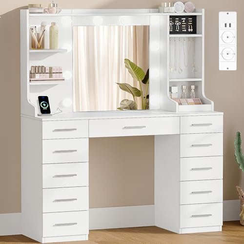 Hzuaneri stort Sminkbord med Justerbar LED-Lampa, Sminkbord med Spegel, med Uttag, 11 Lådor och 6 Smyckeskrokar, Inkluderar Ringförvaring, Lämplig för Sovrum, Vardagsrum, vit DT43303XEU | Omklädningsbord med flera uttag, 11 lådor och 6 halsbandskrok, förvaring för ringar, modern, DT43303XEU