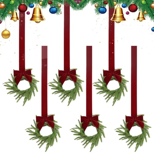Coronas de ventana de Navidad, 6 piezas de decoraciones de Navidad artificiales, coronas de puerta con lazos rojos, para sala de estar, dormitorio, patio, porche, vacaciones, hogar,
