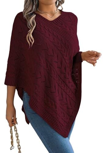 Poncho da Donna Maglione con Scollo A V Maglione Lavorato A Maglia Scialle Mantella Invernale Mantella Lavorata A Maglia per Donna Bordeaux XL