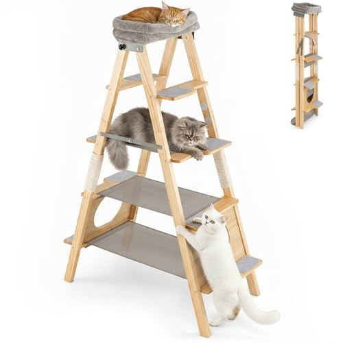 Maxmass Multi-level Cat Tree, 151cm Wooden Kitten Tower with Sisal Scratching Posts, Top Perch, Hammocks and Ladders, Foldable Cat Climbing Frame for Indoor Cats