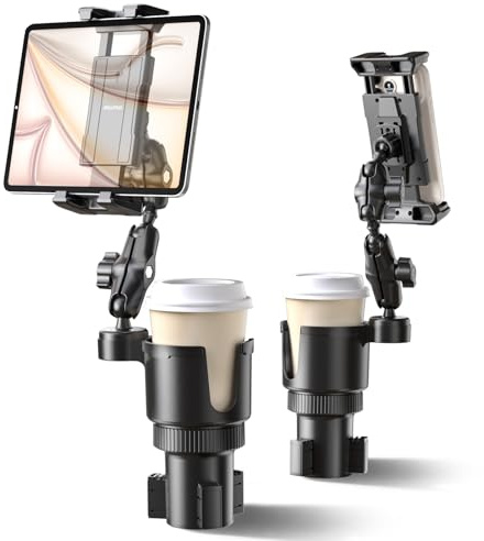 OHLPRO Surfplattehållare bil mugghållare, 2-i-1 mugghållare bil iPad-hållare med aluminium justerbar arm, surfplattehållare bil för 5–13 tum iPhone 17 iPad Pro Mini Air Galaxy Tab Kindle Switch