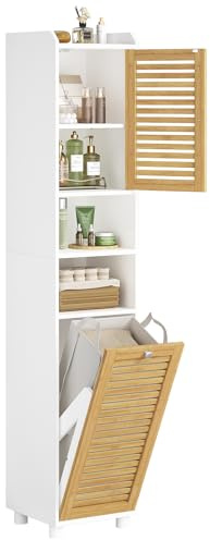 FORABAMB Badezimmerschrank hoch mit Wäschekorb, Badschrank hochschrank mit verstellbaren Ablagen, offene Fächer, Badezimmer hochschrank für Badezimmer/Waschküche, Modern, Weiß, 30 x 30 x 170 cm