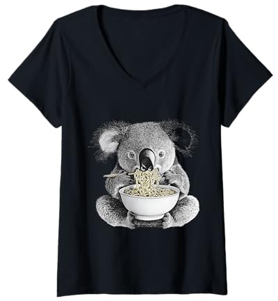 Mujer Lindo Koala Comiendo Fideos Ramen con diseño de Palillos Camiseta Cuello V
