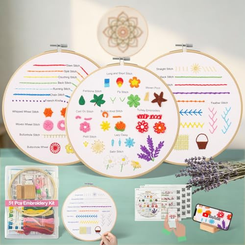 Lumirelle Kit de broderie pour adultes débutants – Kit de démarrage complet avec tutoriel vidéo – Tissu pré-imprimé 31 points d'entraînement – Kit de bricolage avec fils et outils