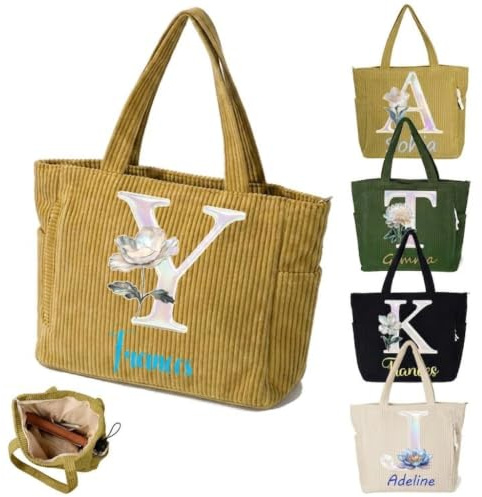 Solarix Bolsa Tote de Pana Personalizada con Flor de Cumpleaños | Nombre Personalizado y Estampado Floral, Ideal para Día de la Madre, Cumpleaños, Amigos, Parejas y Damas