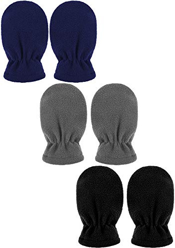 SATINIOR 3 Pairs Baby and Toddler Winter Mittens Kids Fleece Warm Mittens for Baby Boy Girl (Black, Navy Blue, Grey, 0-6 Months)
