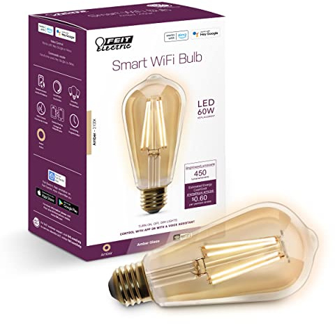 Feit Electric ST1960/FIL/AG 60 Watt Equivalent WiFi Dimmable, No Hub Required, Alexa or Google Assistant ST19 Edison Vintage LED Smart Light Bulb, Yellow, 5.4 H x 2.5 D, 2100K Amber