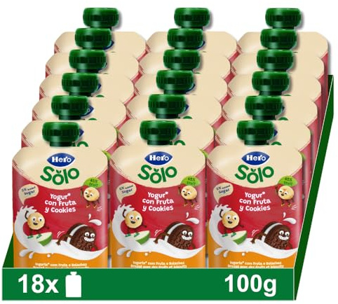 Hero Solo, Mi Merienda Bolsitas de Yogurín Griego con Zumos de Fruta y Cookies - Para Bebés a Partir de los 6 Meses - Pack de 18 x 100 g