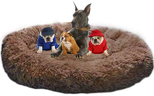 LINRUI Waschbar & Orthopädisches Hundekissen XXL Hundebett Flauschiges für Extra große Grosse Mittlere Hunde Antistress Donut Hundesofa Oval Hoch Hundehöhle XL Rund Kuschelig Memory Foam Braun