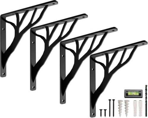 Rustic Tree Black Heavy Duty Shelf Brackets 10 inch by Balin Designs, Decorative L Brackets, Iron Metal Floating Shelf Bracket, Wall Mount Shelving Bracket, Included Hardware, Set of 4