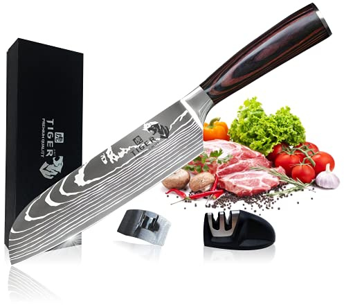 Tiger AMT Santoku-kniv 18 cm kökskniv av tyskt rostfritt stål, sushi kniv kockkniv professionell kniv med fingerskydd och knivslip i presentförpackning