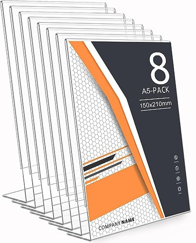 SENENQU Set med 8 lutande akrylbordsställ, lutande bordsställ, 150 x 210 mm, A5 bordsstativ i L, transparent akryl, A5-menydisplaystativ Menyhållare, dokumenthållare